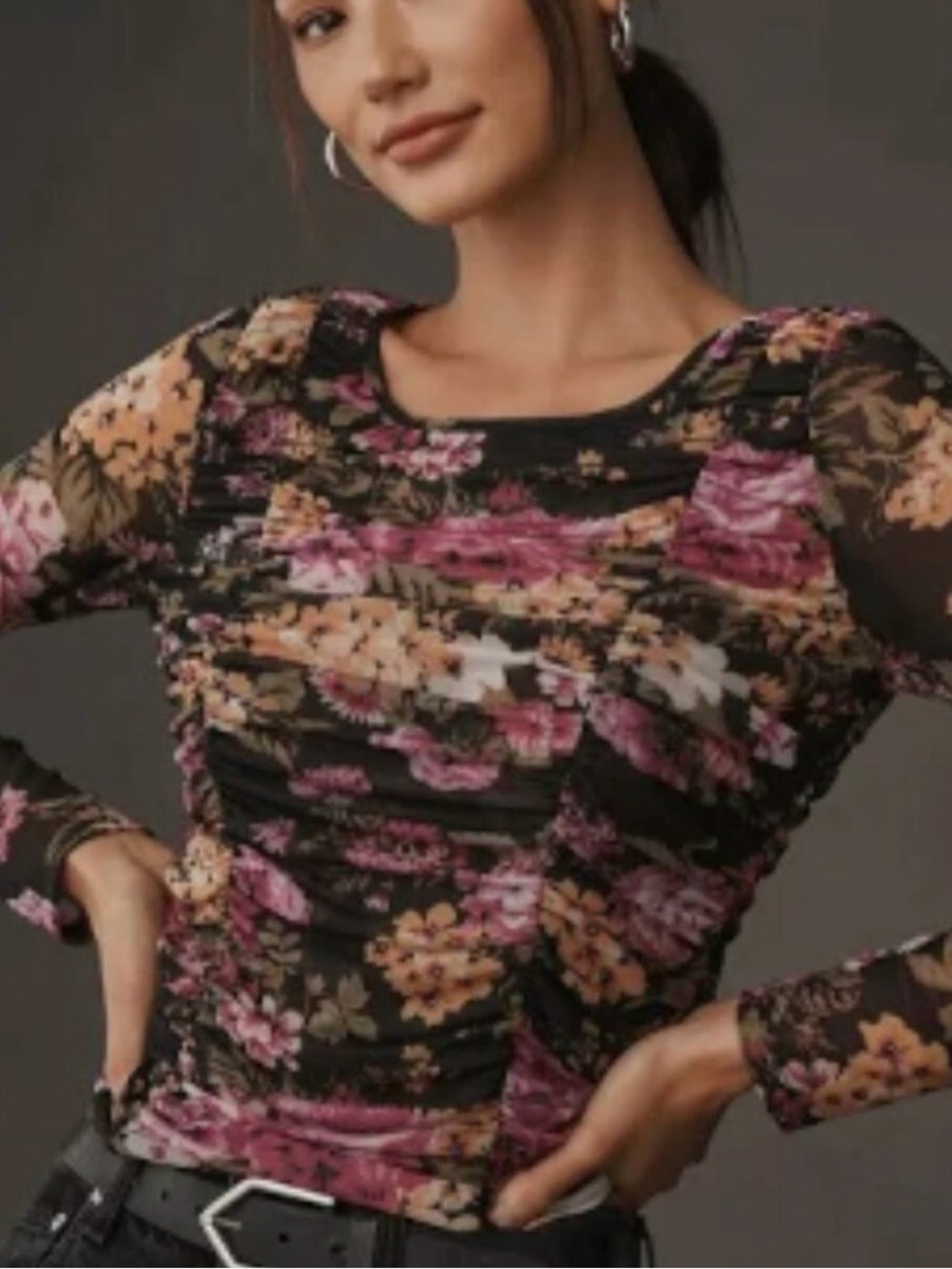 Maeve Sheer Floral Ruched Long Sleeve Blouse